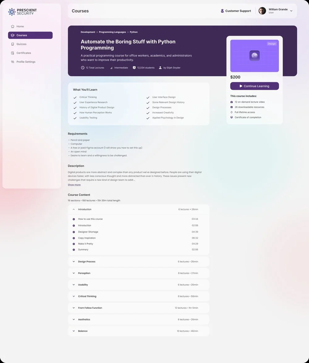 Course detail page — title, what you will learn, requirements, description and a sticky enrol/continue card with price.