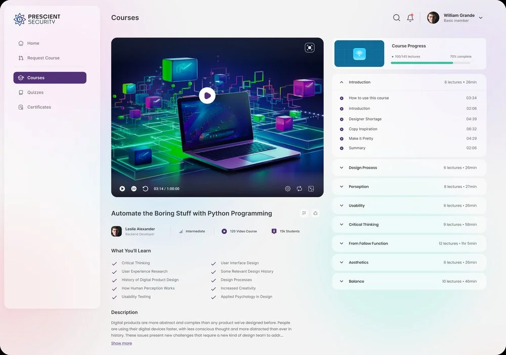 Course video player — large player, course-progress panel and an expandable lecture list on the right.
