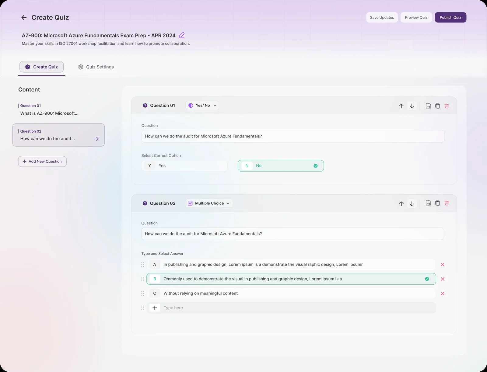 Create-quiz builder — a question outline on the left, and yes/no and multiple-choice question editors with correct-answer selection on the right.