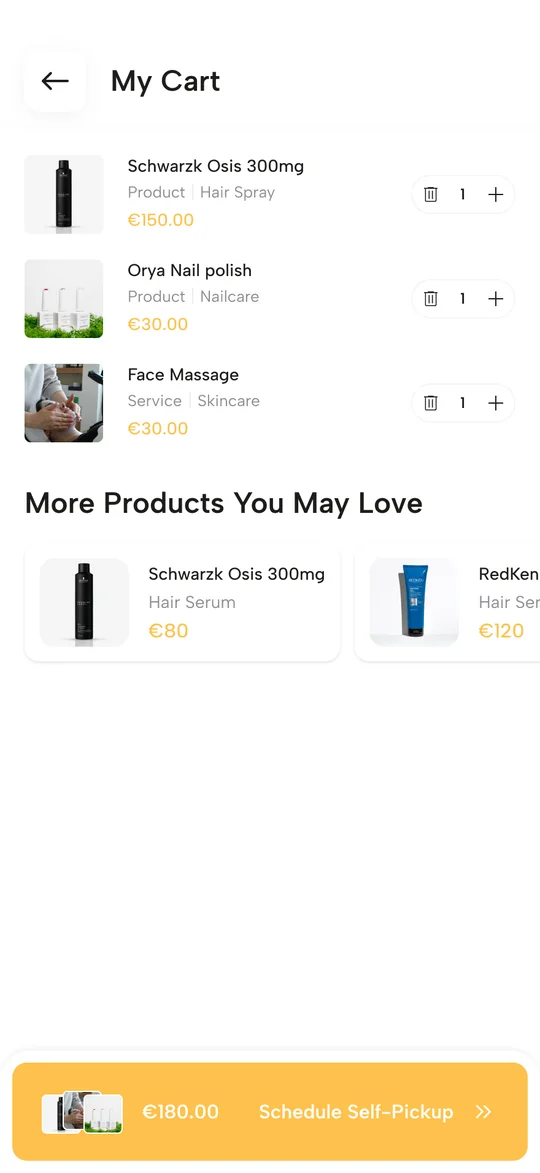 Customer app cart and self-pickup