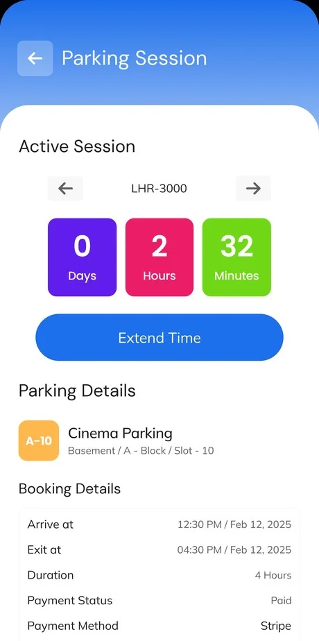 Driver app active parking session with a live countdown and an extend-time option.