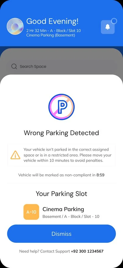 Driver app compliance alert: Wrong Parking Detected, with a countdown to move.