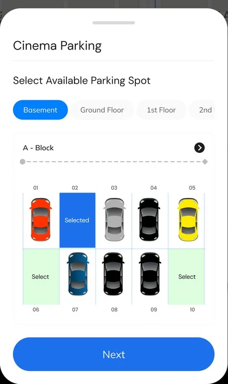 Driver app live availability: a colour-coded grid of parking bays by floor, free bays selectable.