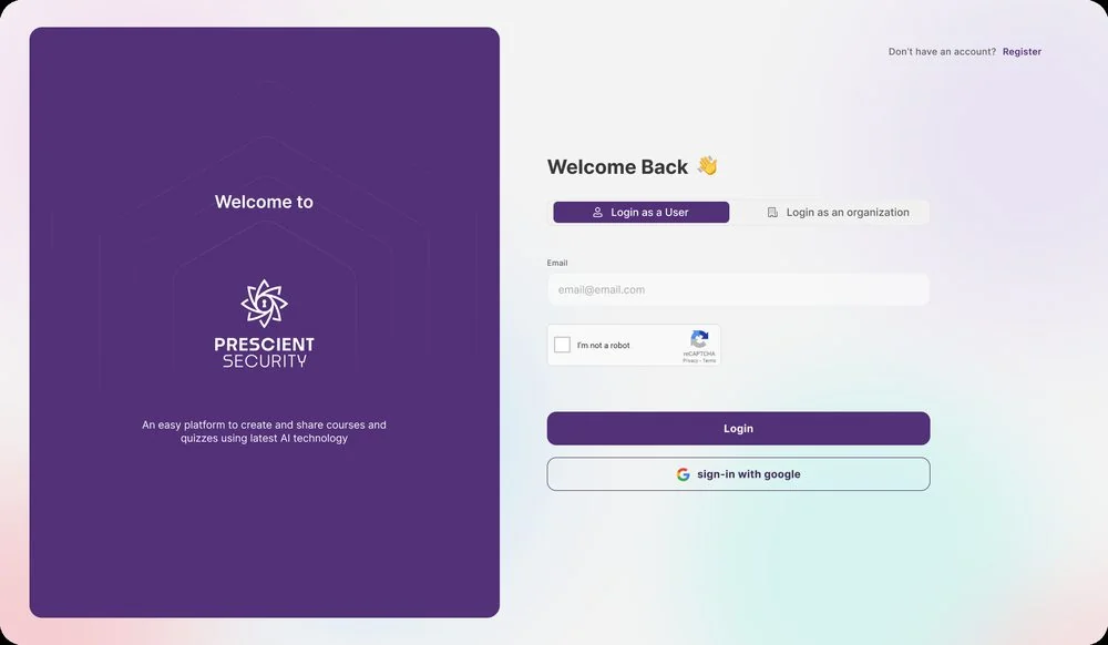 Prescient Security login — login as a user or as an organization, email field, reCAPTCHA and Google sign-in.